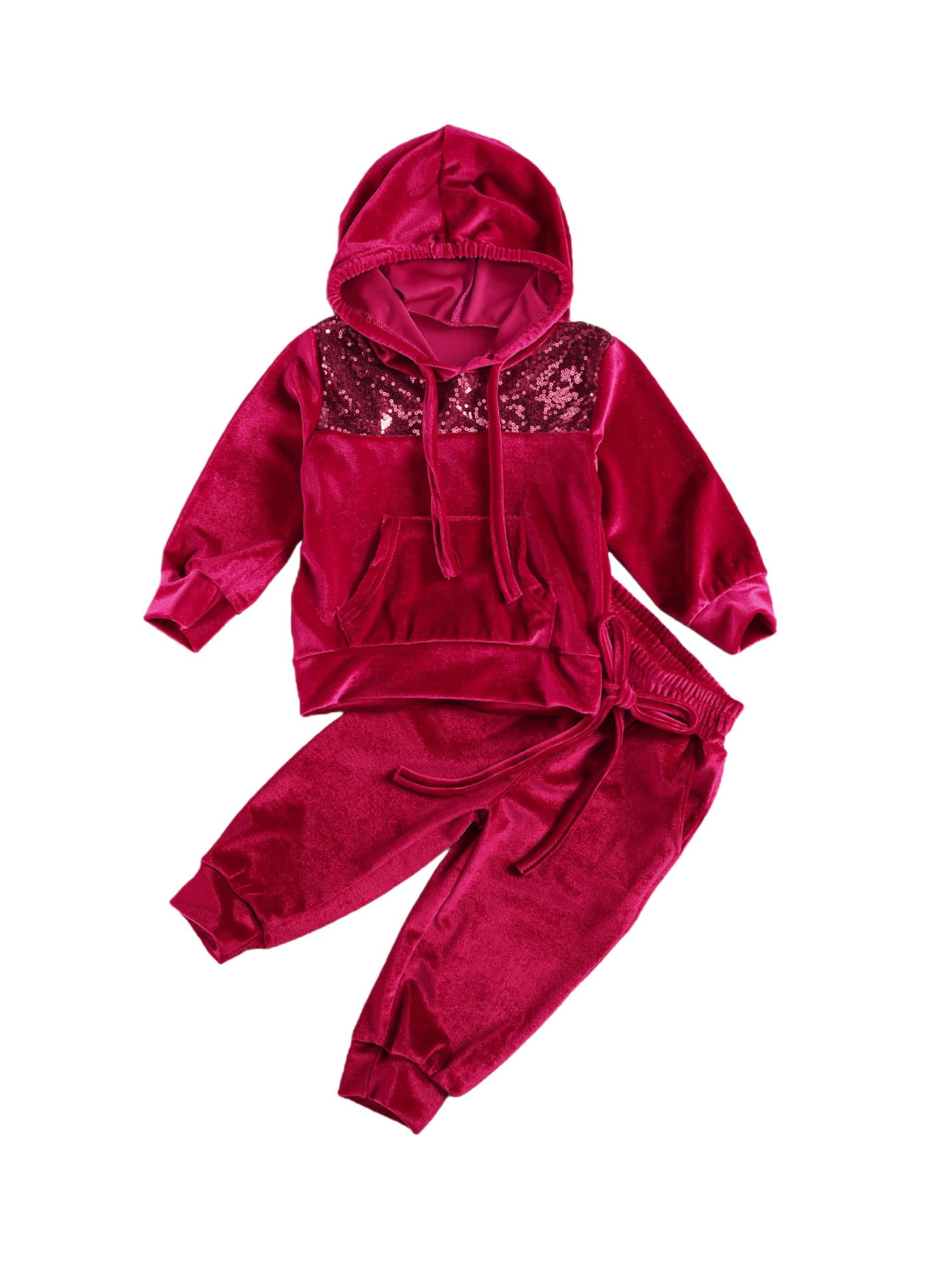 1-6Years Toddler Kids 2Pcs Velvet Hooded Tracksuit Top Sweatpants Outfits Set Sequins-Black,2-3T