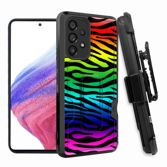 ANJ  Rugged Shockproof Hoster Case w/Card Slot, Kickstand   Tempered Glass Cover for Samsung Galaxy A33 5G - Rainbow Zebra