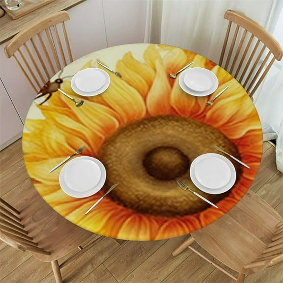 BANET  Rooster Round Tablecloth Fall Sunflowers Vintage Chicken Washable Tabletop Yellow Flowers Decoration Table Cover for Dining Kitchen Picnic Party Indoor Outdoor 31"-35