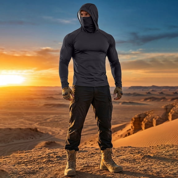 Inglocry UPF 50 Sun Protection Hoodie Men with Mask Quick Dry Long Sleeve Fishing Hiking Shirts UV Rash Guard Lightweight Black 2XL