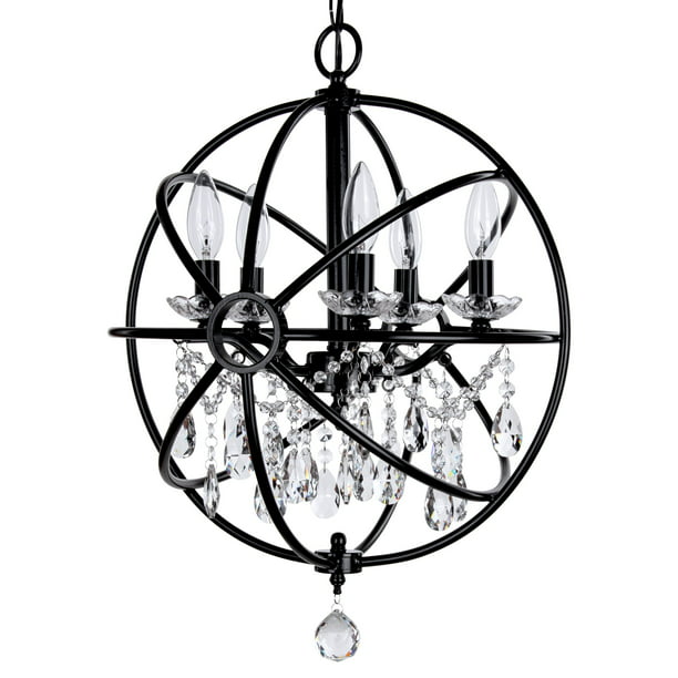 Amalfi Decor 5 Light Modern Crystal Orb, Black Wrought Iron Orb Chandelier