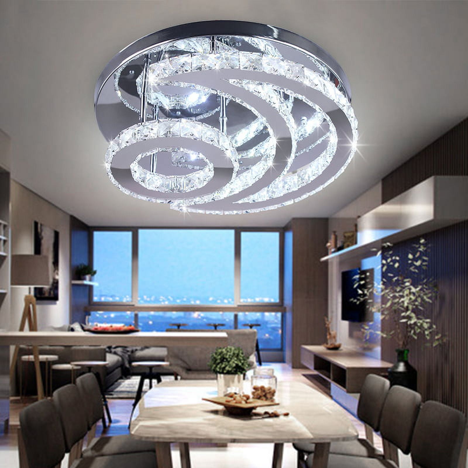 FRIXCHUR Modern Crystal Chandelier LED Moon Crystal Ceiling Light  Flush Mount Chandelies for Dining Room Bathroom Bedroom Living Room(Cool White)