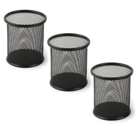 Pen Storage - Office School Metal Cylinder Shape Meshy Pen Holder Pencil Storage Black 3 Pcs