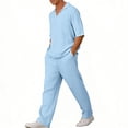 thumbnail image 5 of Jessboyy Mens Pants Sets 2 Piece Outfits Summer V Neck Short Sleeve T Shirts and Pants with Pockets Travel Vacation Outfits Casual Clothing Set Light Blue,L, 5 of 9