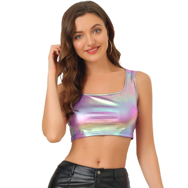 Chaleco Con Cuello En U Para Mujer, Sin Mangas, Para Fiesta, Clubwear, Camiseta Corta Metálica Brillante Morado claro M