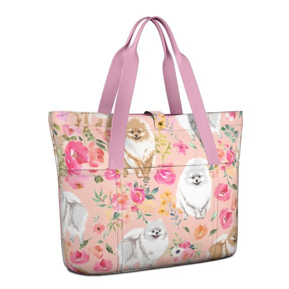 Tote Bag for Women - Pomeranian Dogs and Flowers Shoulder Bag - Large Utility Work Duffle Bag with Zipper Handbag for Travel, Work, Sprots