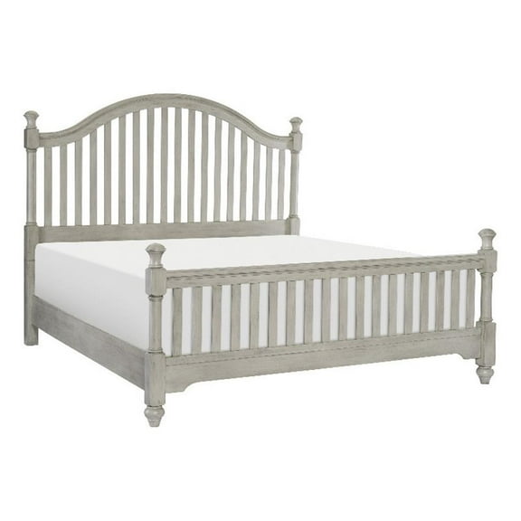 Ugo Queen Bed- Slatted Arched Headboard- Finial Accents- Gray Wood Frame