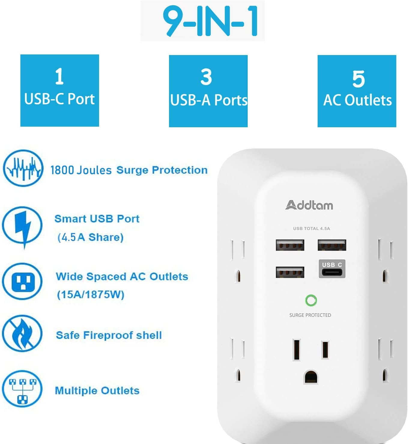 5-Outlet Extender Surge Protector, Multi Plug Wall Outlet with 4 USB Wall Charger(1 USB C Ports), Outlet Splitter Power Strip for Home Office Dorm Room Essentials, Plug Extension Outlet 1800J
