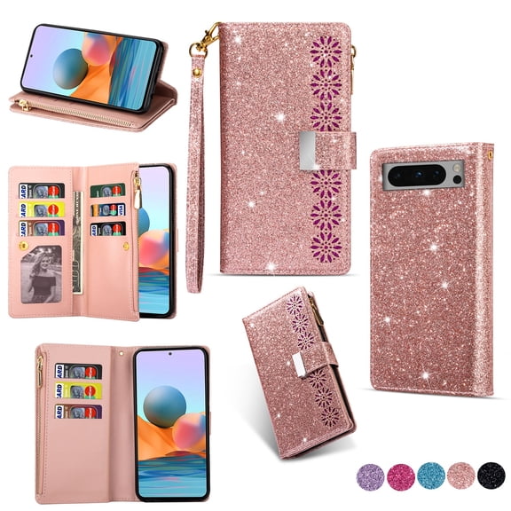 SaniMore Shining Star Laser Designed for Google Pixel 8 Pro Case, Zipper Wallet Case for Girls Women, PU Leather Flip Kickstand Card Slot Wrist Strap Cover for Google Pixel 8 Pro, Rosegold