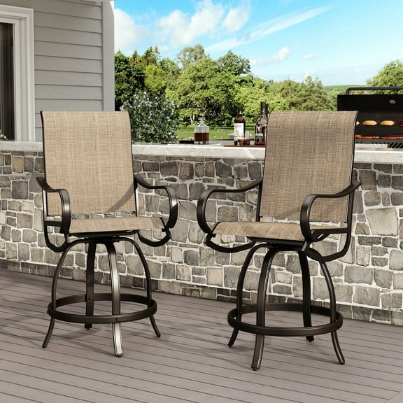 Summit Living High Top 2-Piece Outdoor Swivel Bar Stool Set, Patio Counter Height Textilene Chairs, Black & Brown