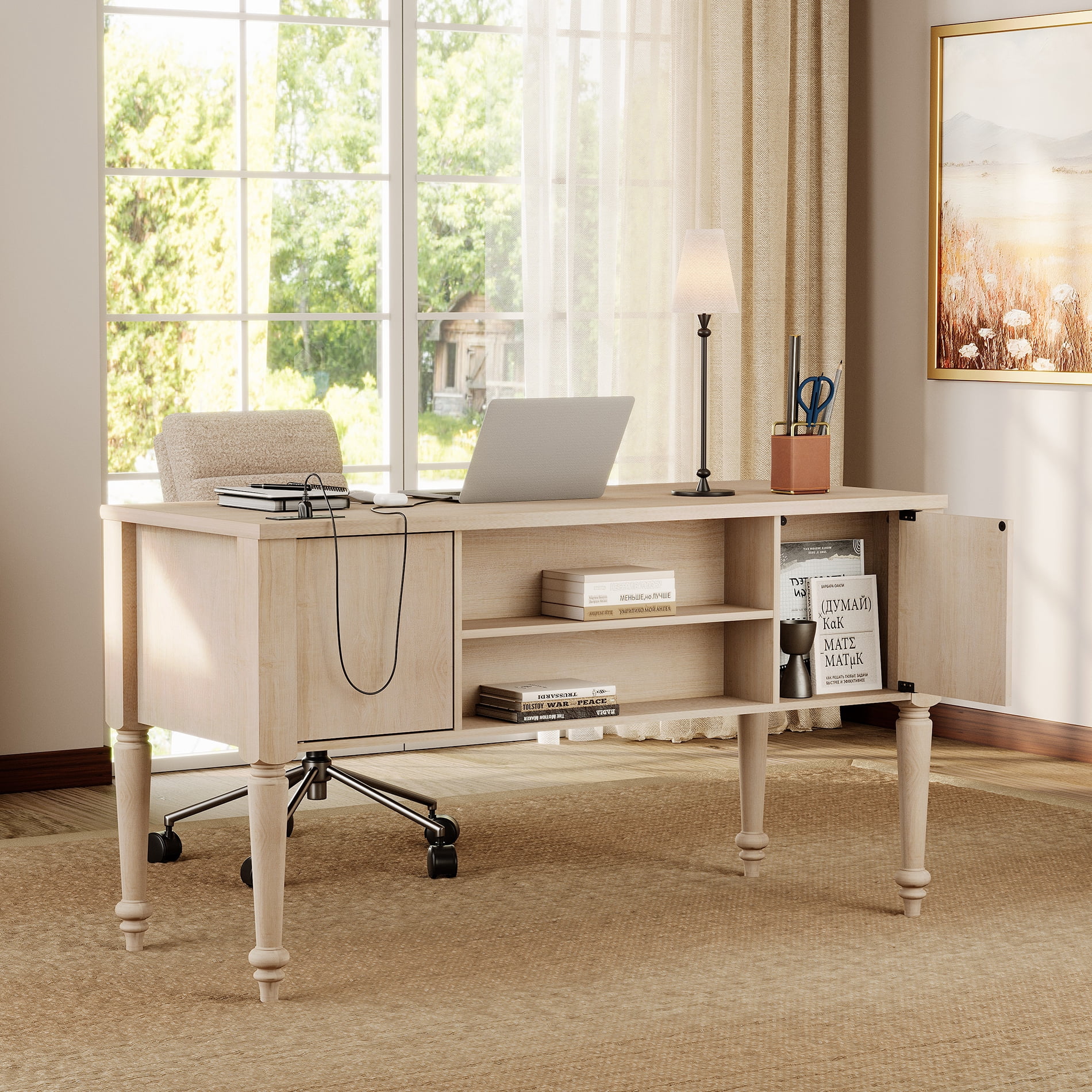 Farmhouse Executive Desk with 5 Drawers, Home Office Desk with Charging Station, Wood Computer Desk with File Cabinet Storage, Door, Open Shelf for Work and Study, 55 inch, Beige