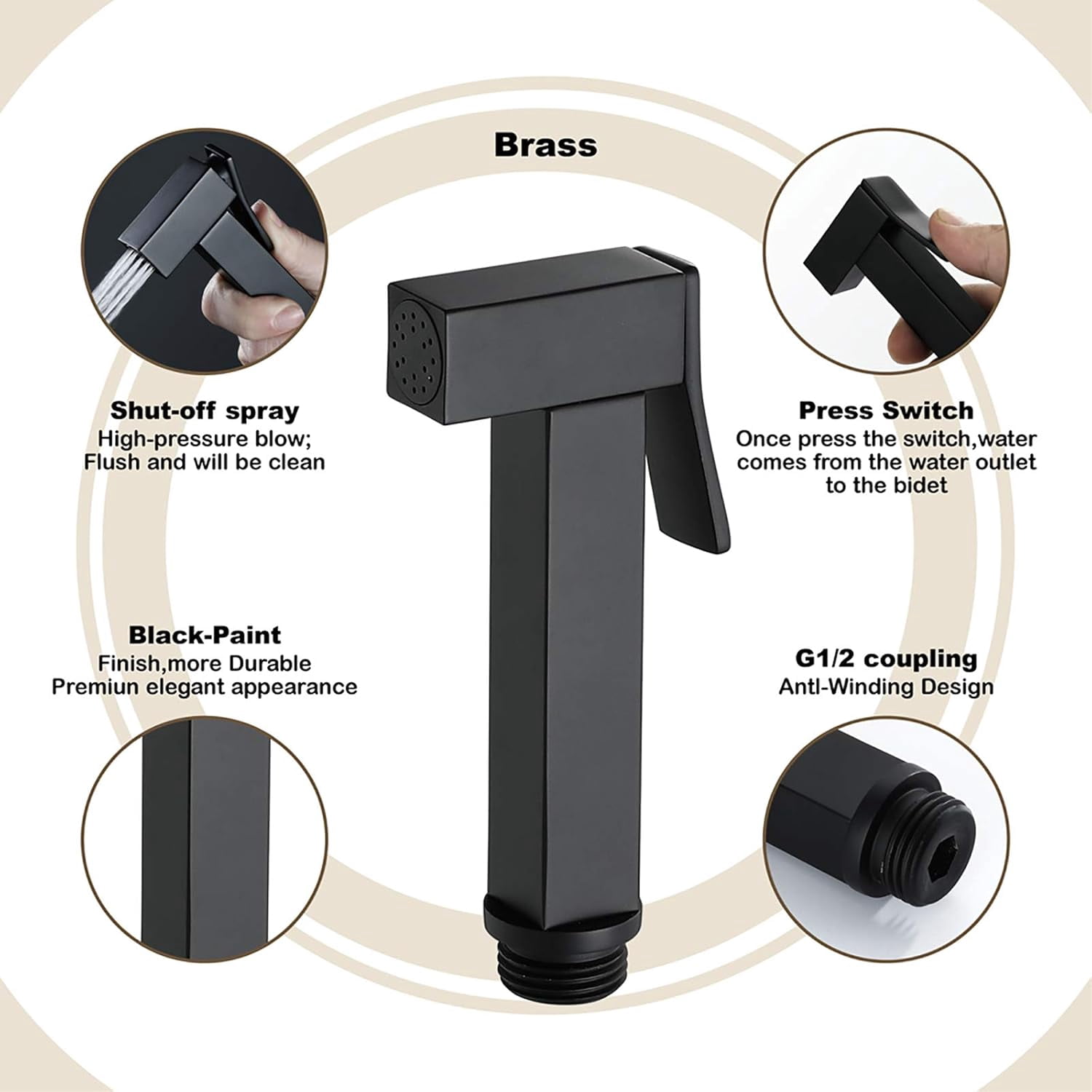 Handheld Bidet Sprayer for Toilet, Black Portable Cloth Diaper Sprayer Set Brass Bathroom Bidet Sprayer Kit with Holder for Personal Hygiene, Bathing Pet,PVC Hose