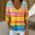 thumbnail image 2 of Womens Lightweight V Neck Sweaters Multicolor Striped Long Sleeve Pullover Loose Casual Rainbow Plus Size Tops (XL, Yellow), 2 of 3