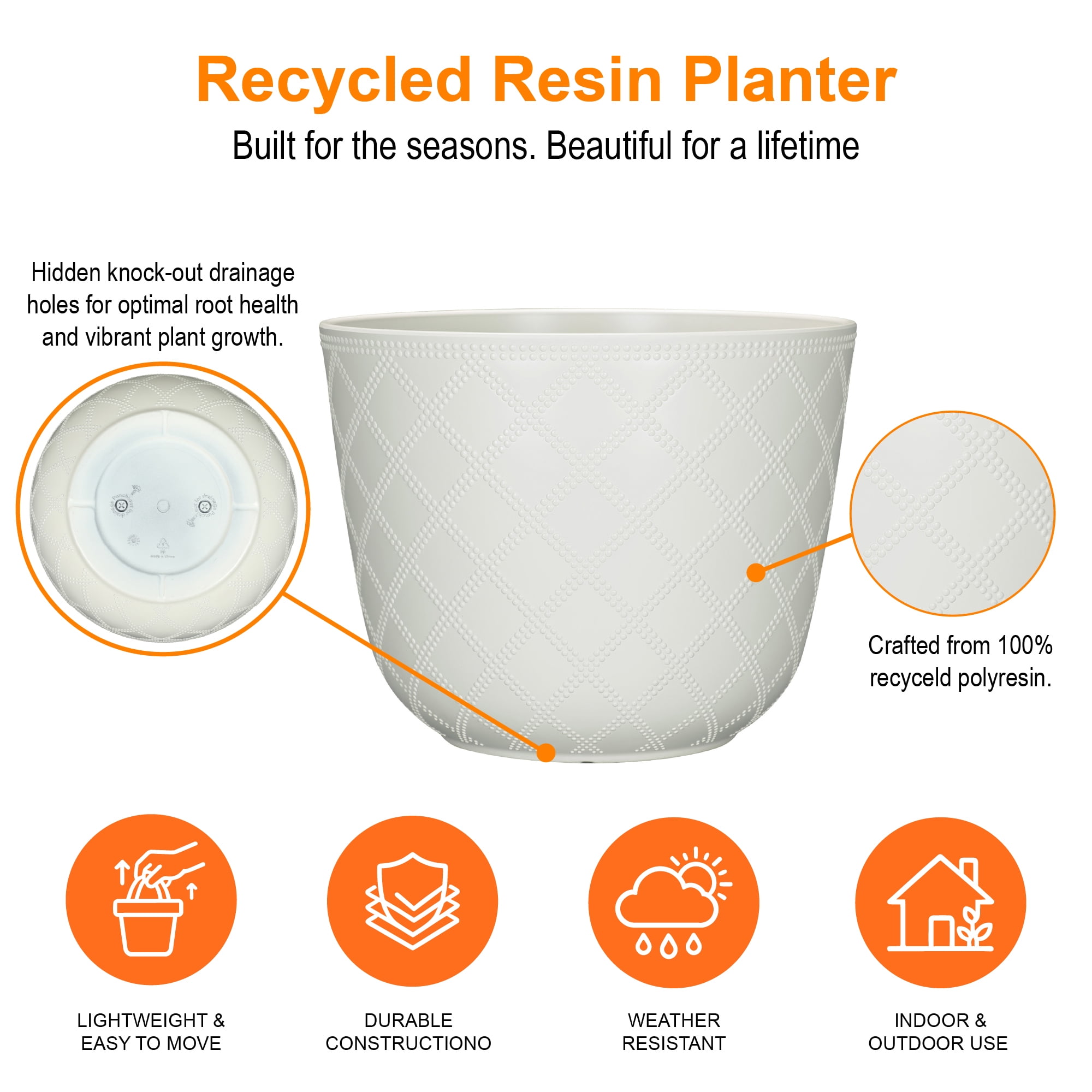 Mainstays Charlotte Round Recycled Resin Planter, Vanilla Dream, 16 in x 16 in x 12.5 in