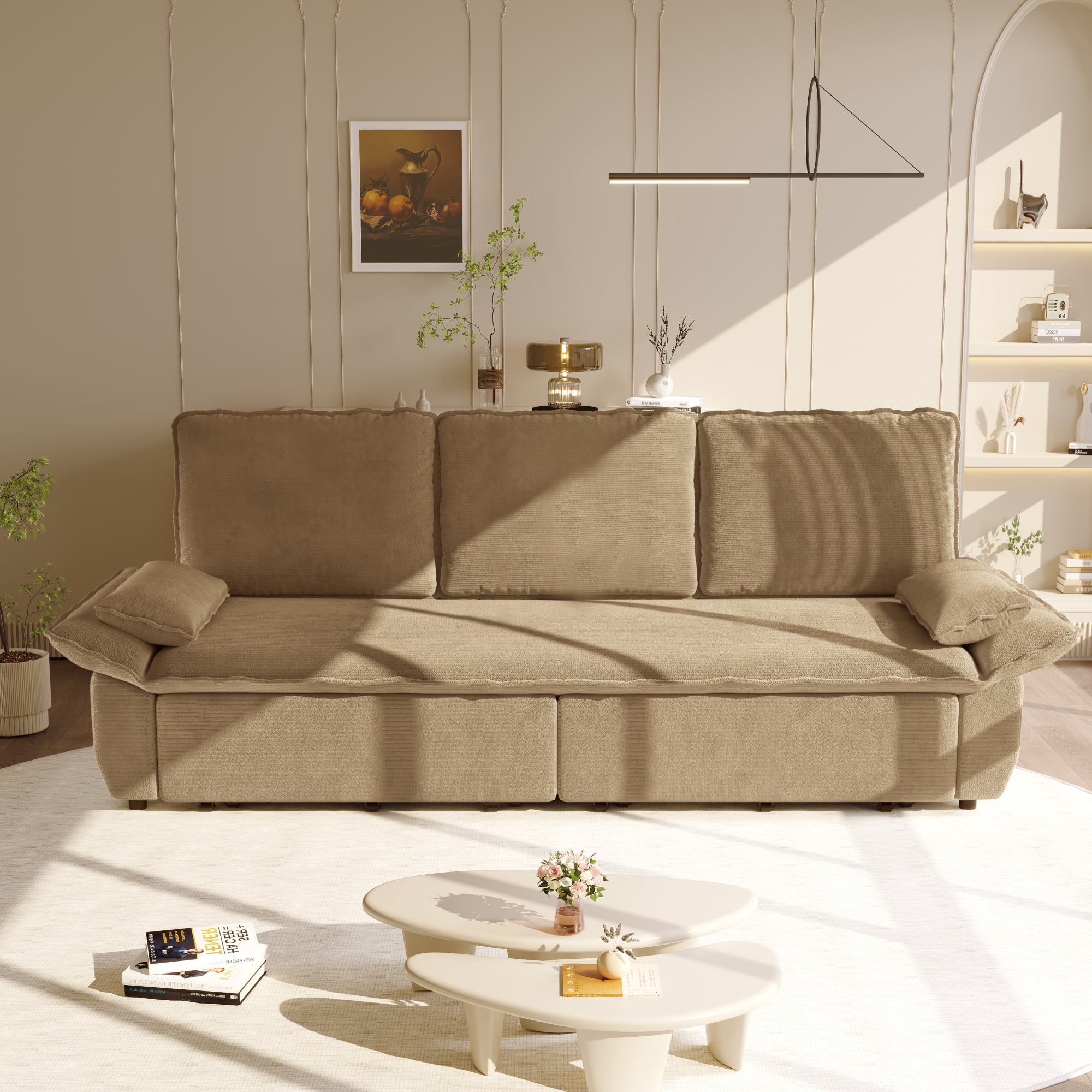 Leumius 94.5" Pull Out Sofa, King Size 3-in-1 Convertible Sleeper Sofa Bed, Multi-Functional Corduroy Bed for Living Room Bedroom Camel