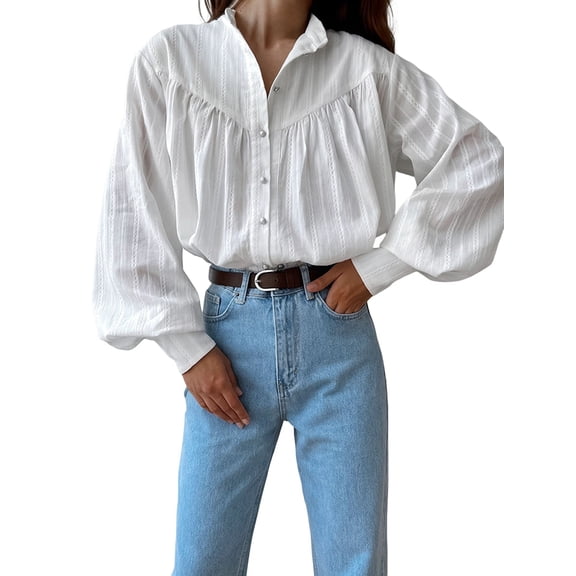 Women's Stand Collar Gathered Lantern Sleeve Button Down Shirt White S