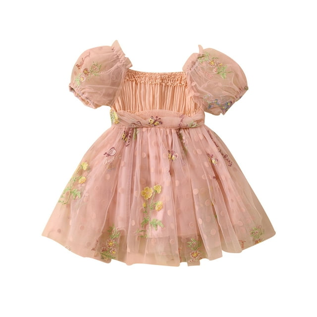 Gupgi Bambin Filles Robe de Fleur 12M 18M 24M 3T 4T Enfants Manches Courtes Robe en Mesh Froncé Robes de Princesse Bébé Été