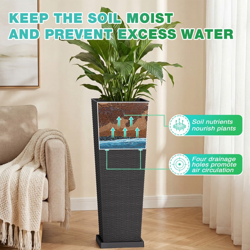 Devoko 32" Tall Planters for Outdoor Plants Set of 2, Woven-Textured Outdoor Plant Pots with Trays for Patio, Front Porch
