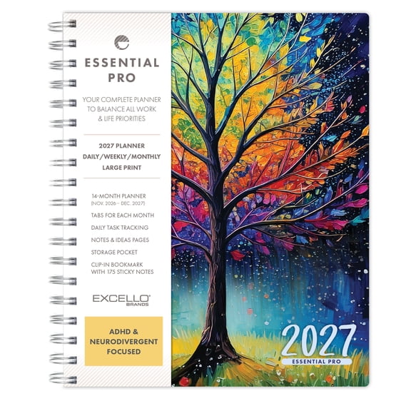 Excello Essential Pro 2027 Weekly & Monthly Planner, 7" x 9", 14-Month Calendar Nov 2026-Dec 2027, Monthly Tabs, Notes Pages, Storage Pocket, Bookmark & Sticky Notes, Black Tree Seasons