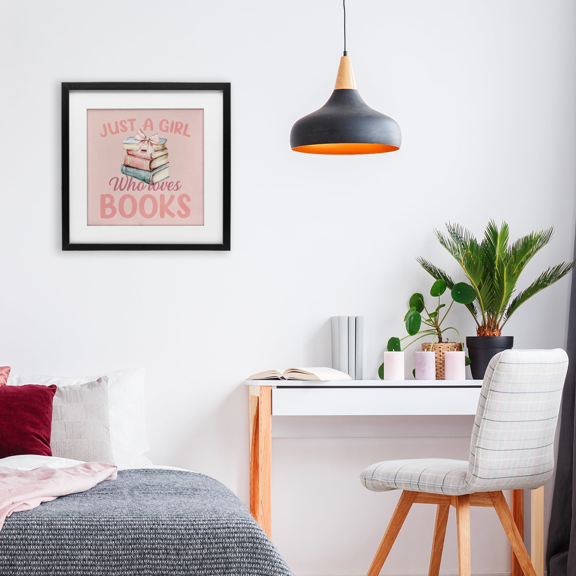 Reader Girl Who Loves Books Black Framed Print Under Glass, design by Kim Allen