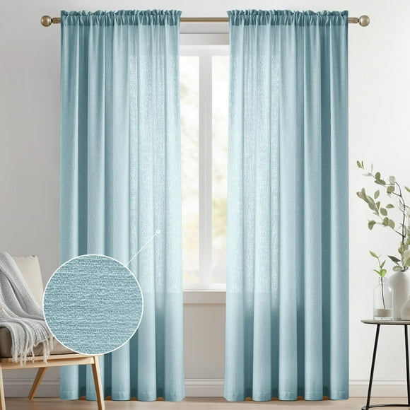 Melodieux Blue Semi Sheer Curtains 84 Inches Long For Living Room - Linen Look Bedroom Rod Pocket Voile Drapes 52 By 84 Inch (2 Panels)