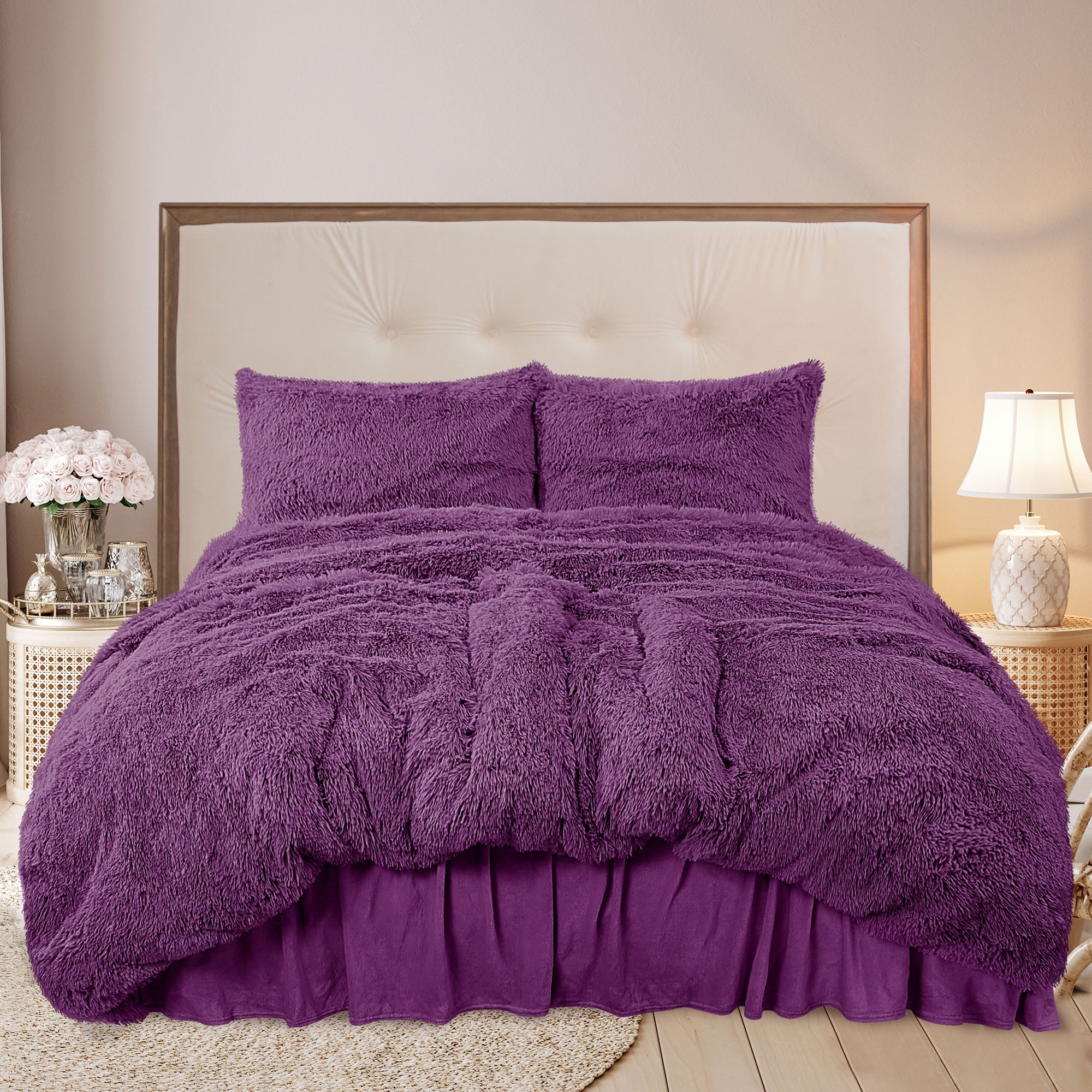 PiccoCasa Soft Plush Shaggy Duvet Cover Set with Velvet Bedskirt 4Pieces, Purple King