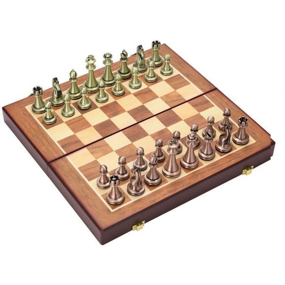 Yeacher Metal Chess Wooden Foldable Chess Board Set International Chess Game 12x12 Inches with Alloy Chess Pieces and Storage Slots for Kids Adults