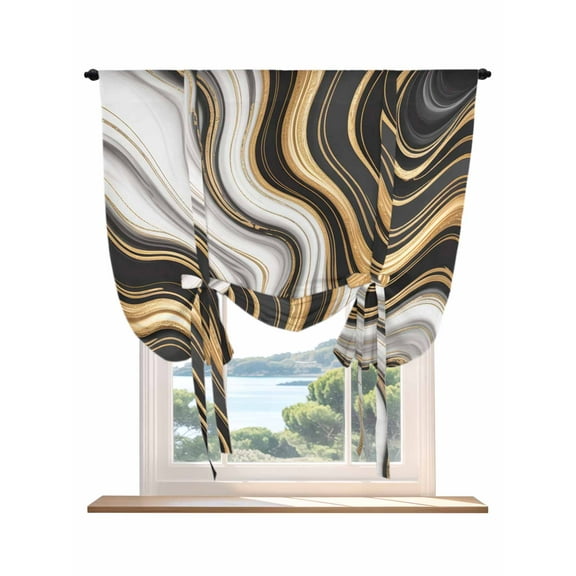 Black Golden Marble Tie Up Curtains for Windows 45 Inch Length Balloon Curtains Kitchen Adjustable Balloon Window Shade Gray White Ombre Abstract Texture Tie Up Bathroom Curtain Window 34"x45"