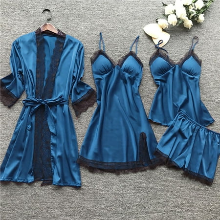 FUNUONY Big Sale! Women s Satin Silk Pajamas Set 4Pcs with Robe Lace Trim Shorts Lounge Sets Pants Sleepwear Sleepwear Sleepwear Women Lace Robe Dress Set Pajamas Nightdress Silk Navy Xxl