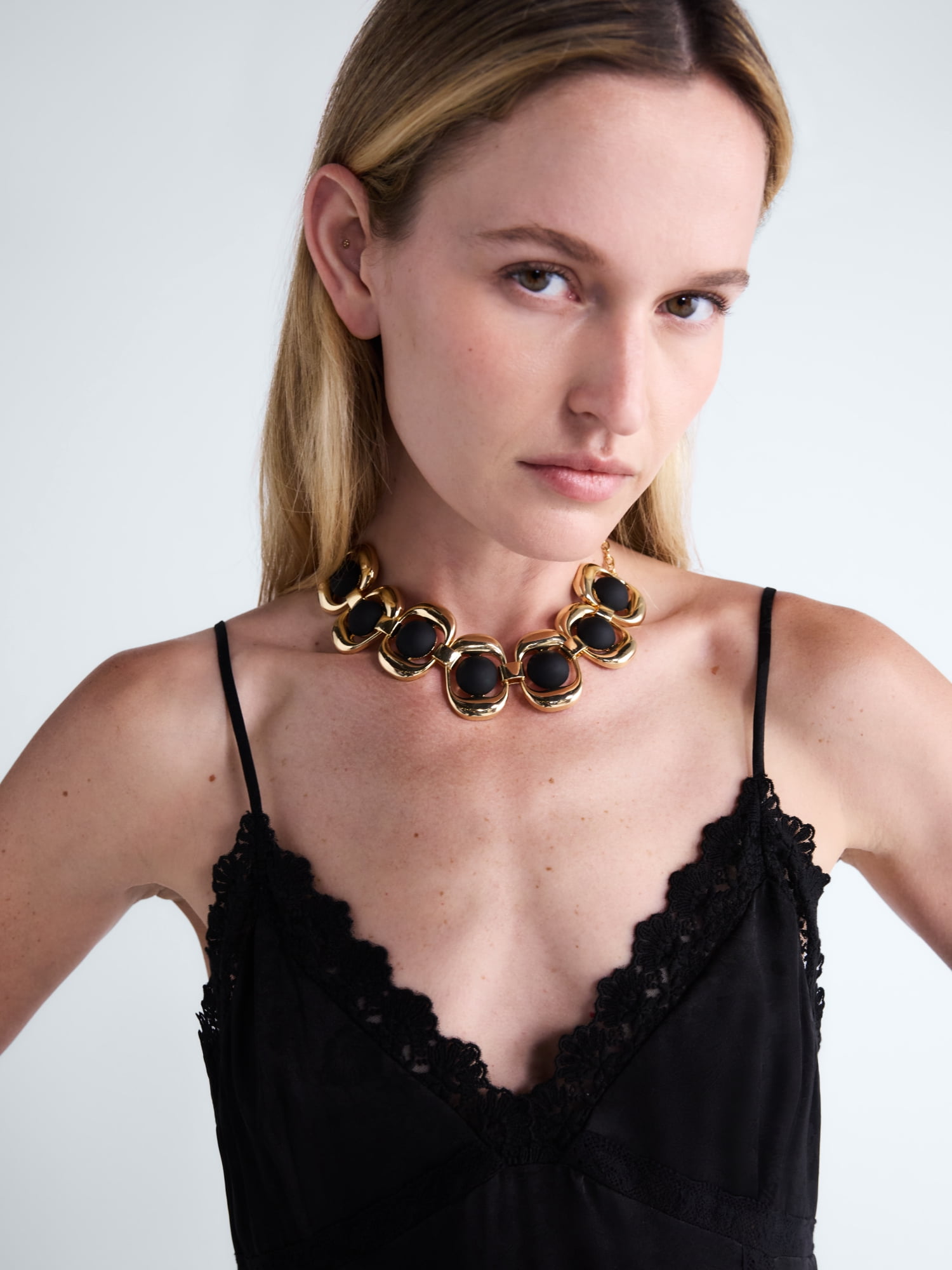 Scoop Statement Stone Necklace, Black, Gold-Tone