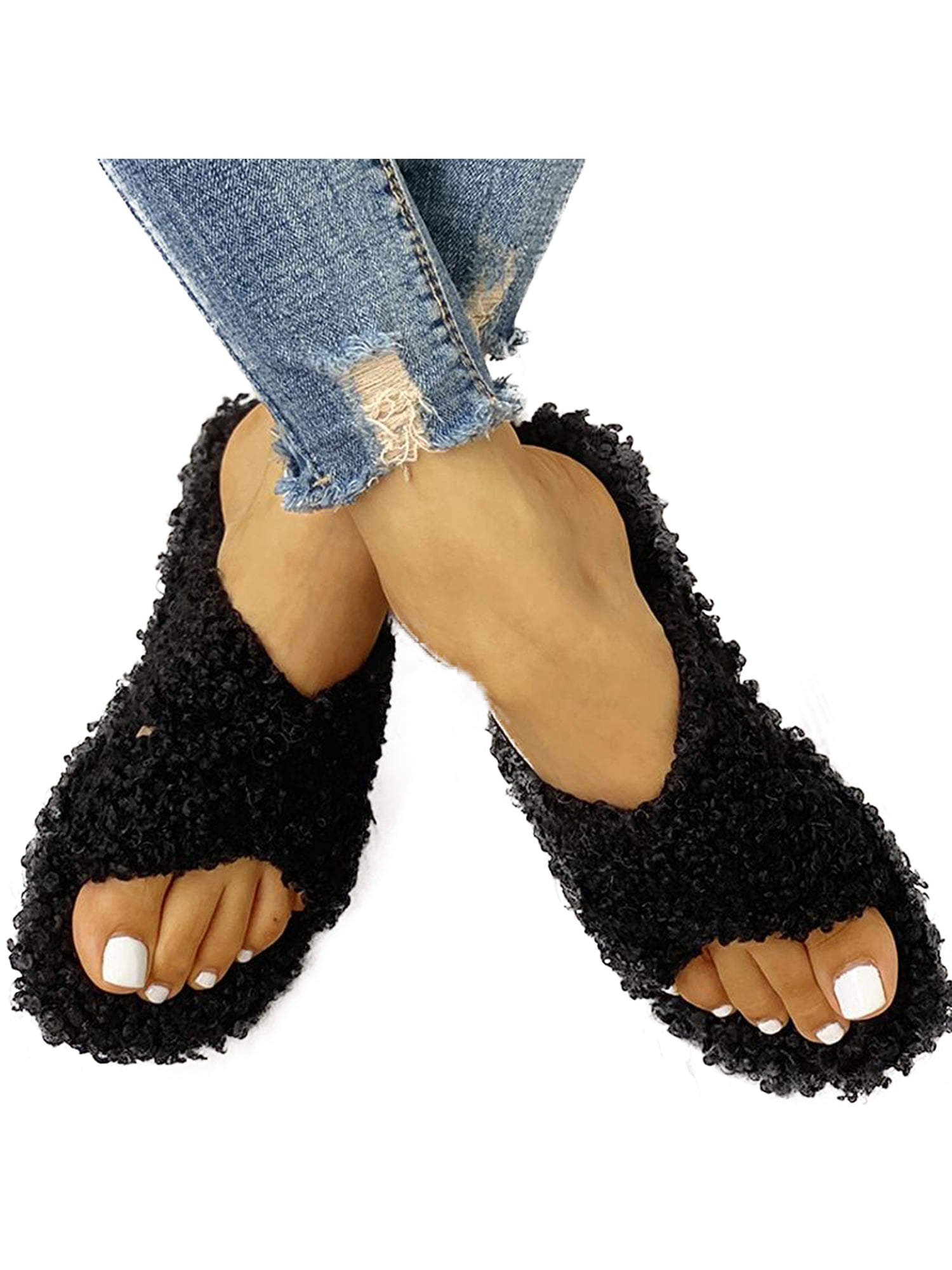 Women Faux Fur House Slippers Shoes Lady Winter Furry Plush Flat Sandals Slip on 