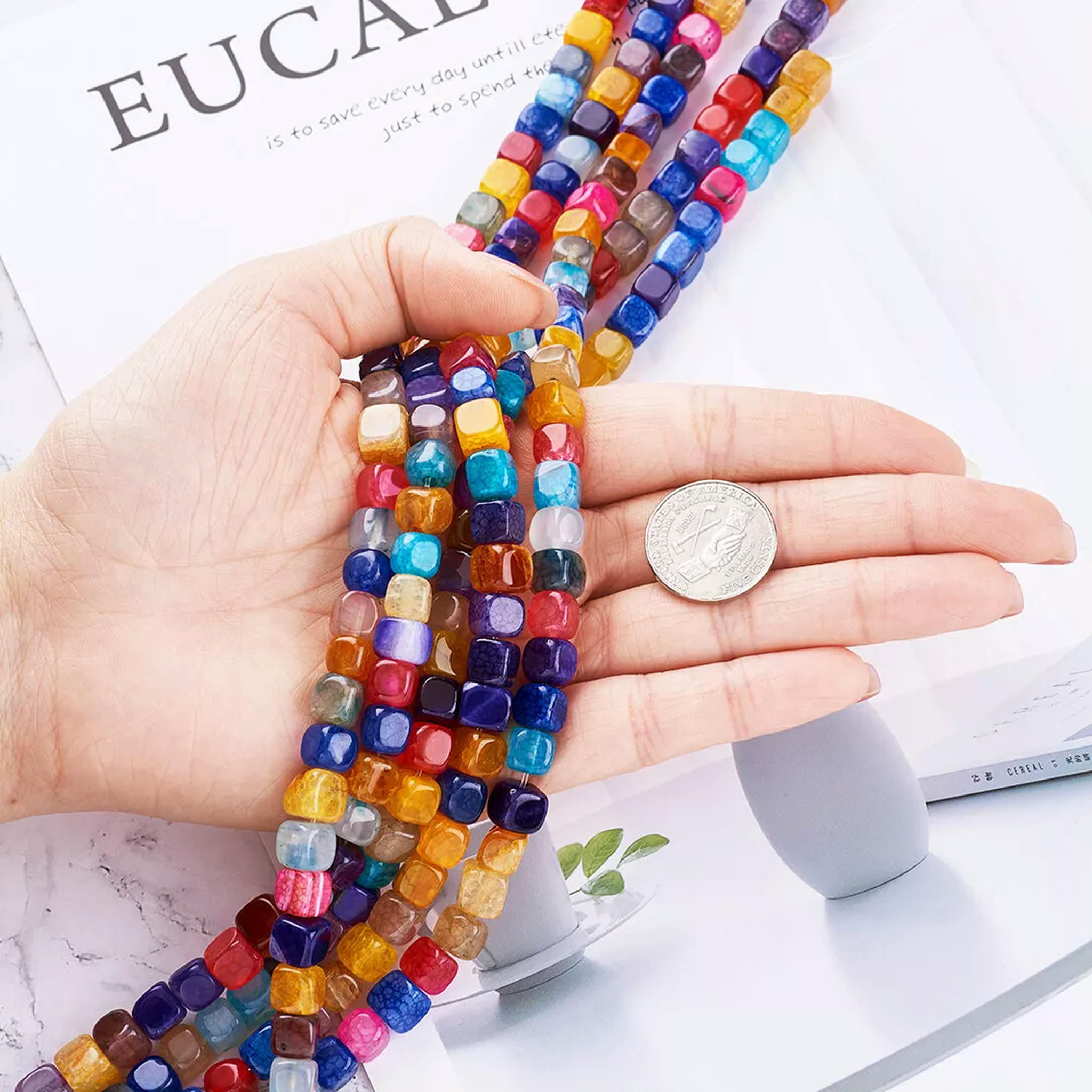 U8MO 5 Strds Colorful Natural Agate Stone Beads Smooth Cube Loose Beads Dyed 7.5~8mm