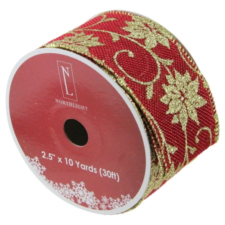 Cranberry Red and Gold Poinsettia Burlap Wired Christmas Craft Ribbon 2.5