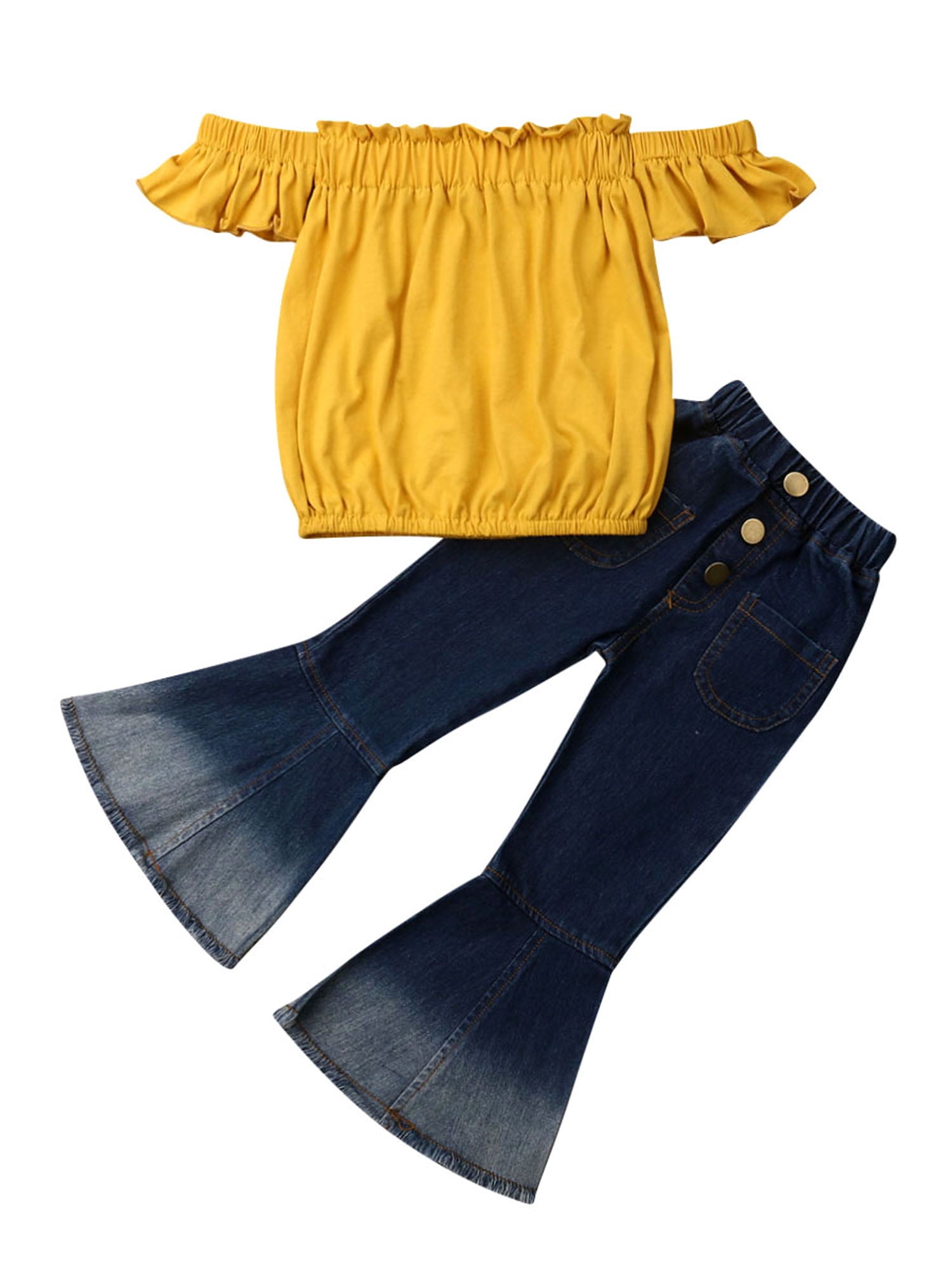 2T-7 StylesILove Lace Design Off Shoulder 3/4 Sleeve Blouse & Jeans 2pcs Outfit 