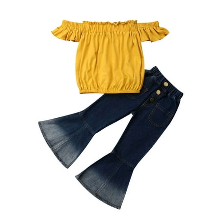 

Bebiullo Toddler Baby Girls Clothes Summer Ruffled Off Shoulder Tops Bottom Flare Denim Jeans Pants Outfits