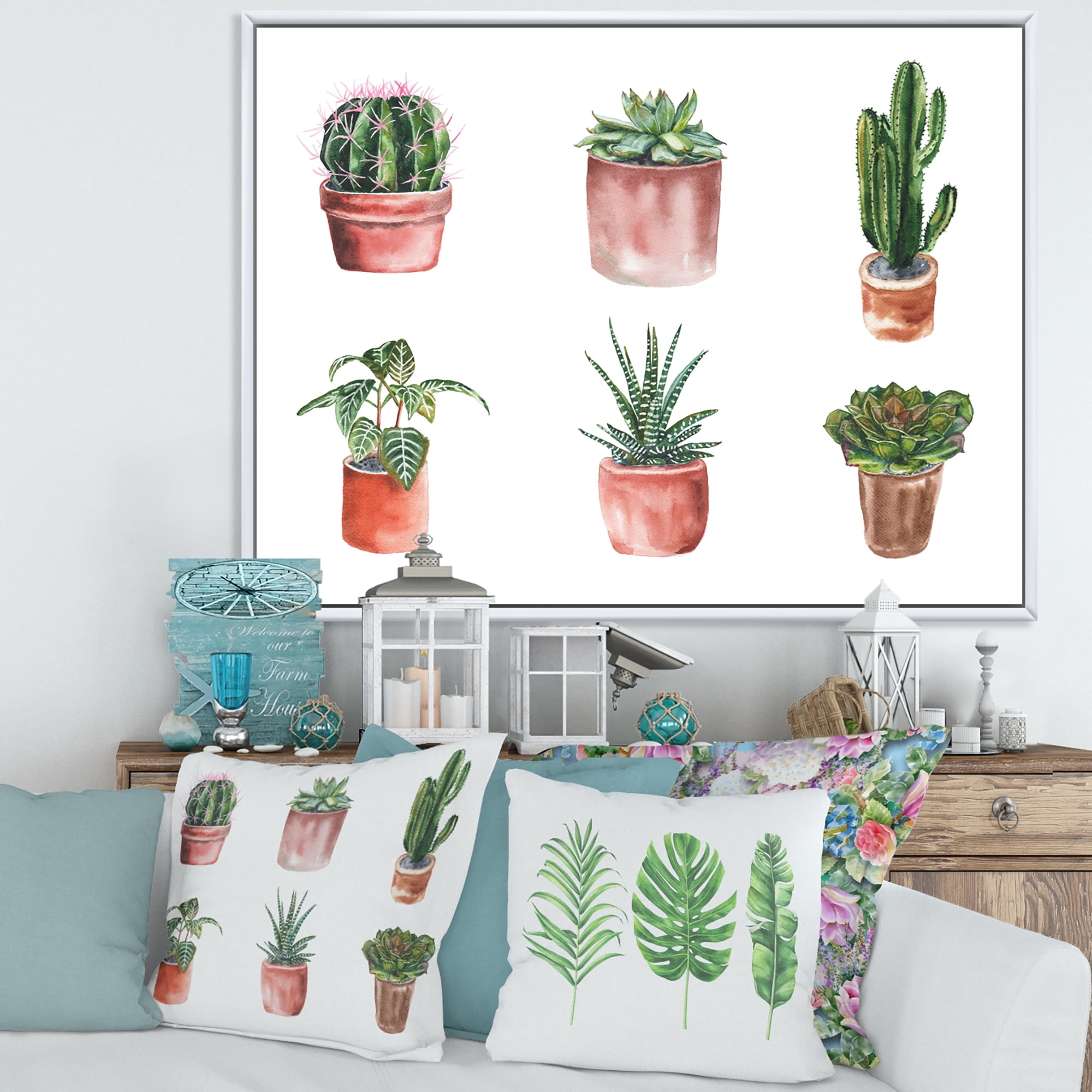 Designart 'Cactus and Succulents In A Clay Pot ' Traditional Framed Canvas Wall Art Print
