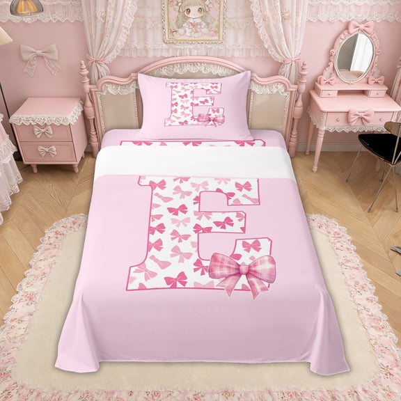 Erosebridal Bow Letter E Twin Sheet Sets for Girls, Pink Initial Ribbon Bedding, 3-Piece