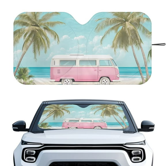 KUIFORTI Palm Tree Windshield Sun Shade Foldable Sun Blocker for Car, Truck, SUV Accessories Automotive Interior Sun Protection, Reflective Shade for Front Windshield with Mirror Cut-Out