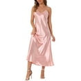 thumbnail image 2 of CURVOSPORT Women's Satin Cami Dress Spaghetti Straps V Neck Elegant Maxi Slip Dresses S Pink, 2 of 6
