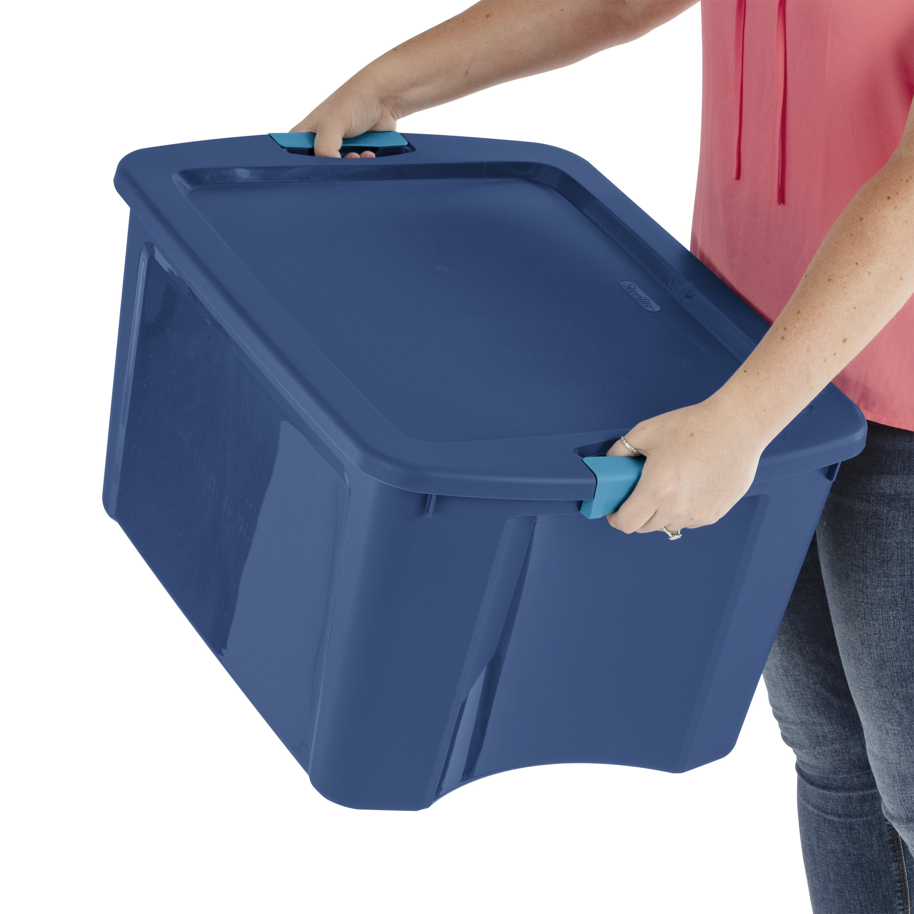 Sterilite 18 Gal Latch and Carry, Stackable Storage Bin with Latching Lid,  Plastic Tote Container to Organize Closets, Blue with Blue Lid, 6-Pack