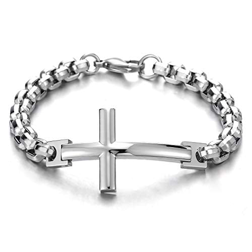 COOLSTEELANDBEYOND Womens Mens Stainless Steel Cuff Bangle Bracelet with Ball and Horizontal Sideway Lateral Cross