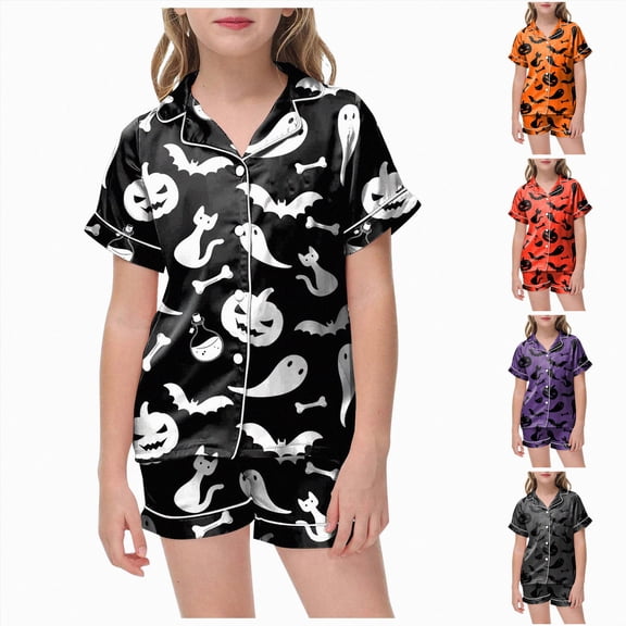 felwors Halloween Pajamas Short Sleeves Collared Tops Shorts 2pcs Outfits Halloween Nighie Gifts Preppy Clothes(6-7 Years,Black)