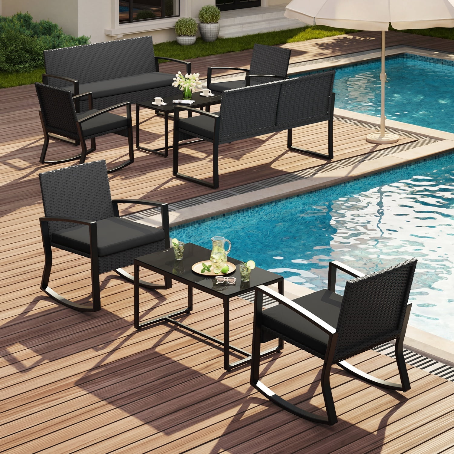 Patio Furniture Set on Sale, Outdoor Rattan Wicker Rocking Chair with Coffee Table for Backyard, Poolside, Porch, Gray
