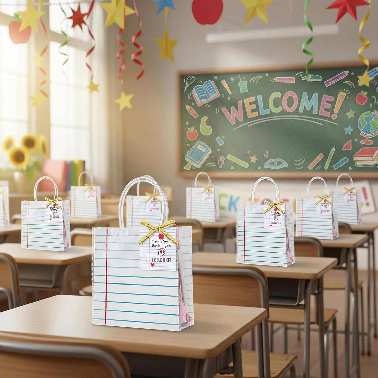 Frienda 24 Pcs Teacher Appreciation Gift Bags with Measuring Tape Ribbon Thank You Tags Clear PVC Notebook Style Gift Bags with Handle for Graduation End of Year Back to School Classroom Celebration