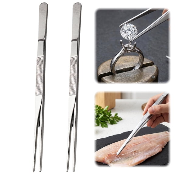 Cooking Tweezer Tongs (2 Pcs), 12-Inch Stainless Steel Kitchen Tweezer Set for BBQ, Seafood & Repairing