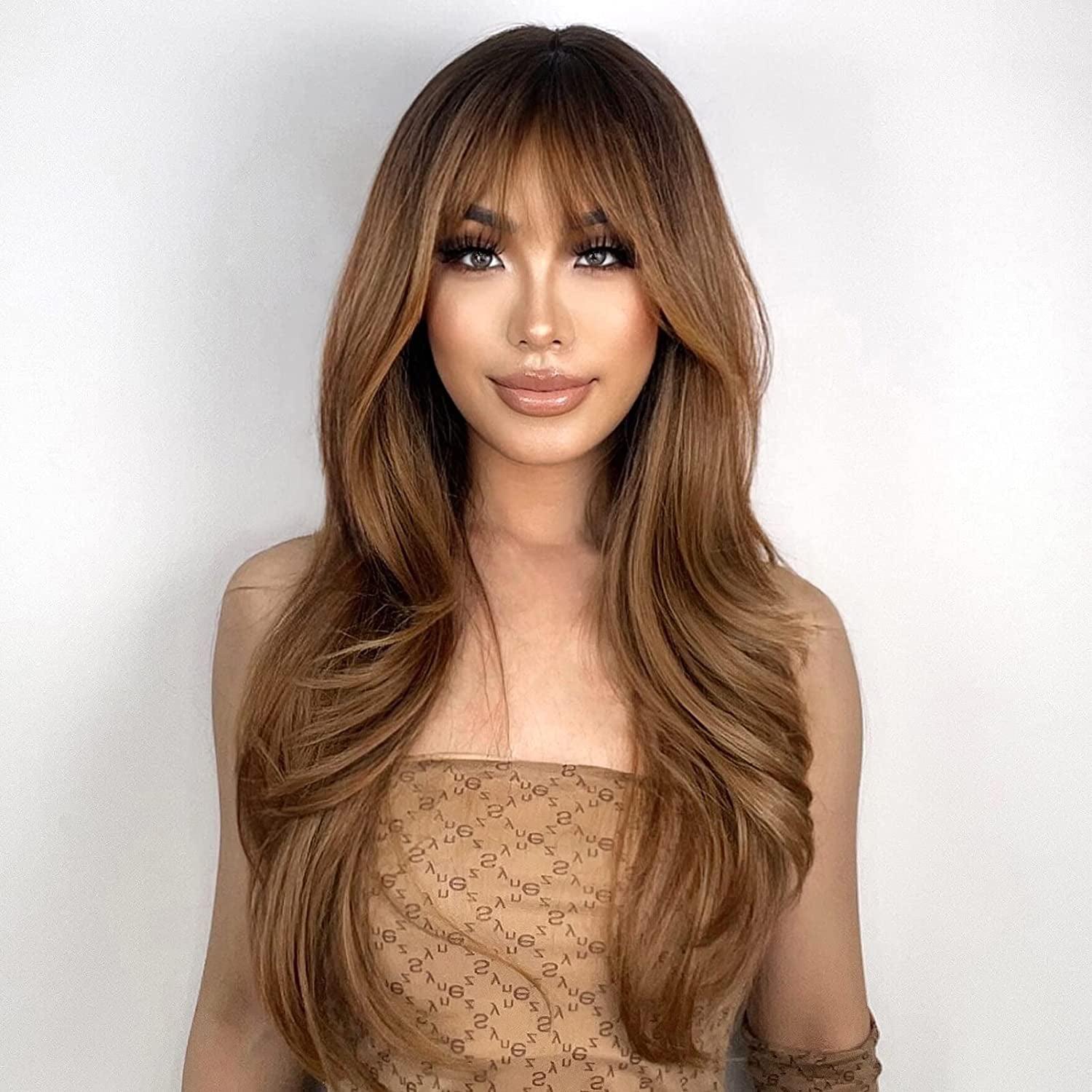 DOPI Light Brown Wigs for Women Brown Wig with Bangs 24‘’Ombre Brown Wig with Dark Roots Long Layered Wig Heat Resistant Synthetic Wig Natural Looking Wigs for Daily Party Use