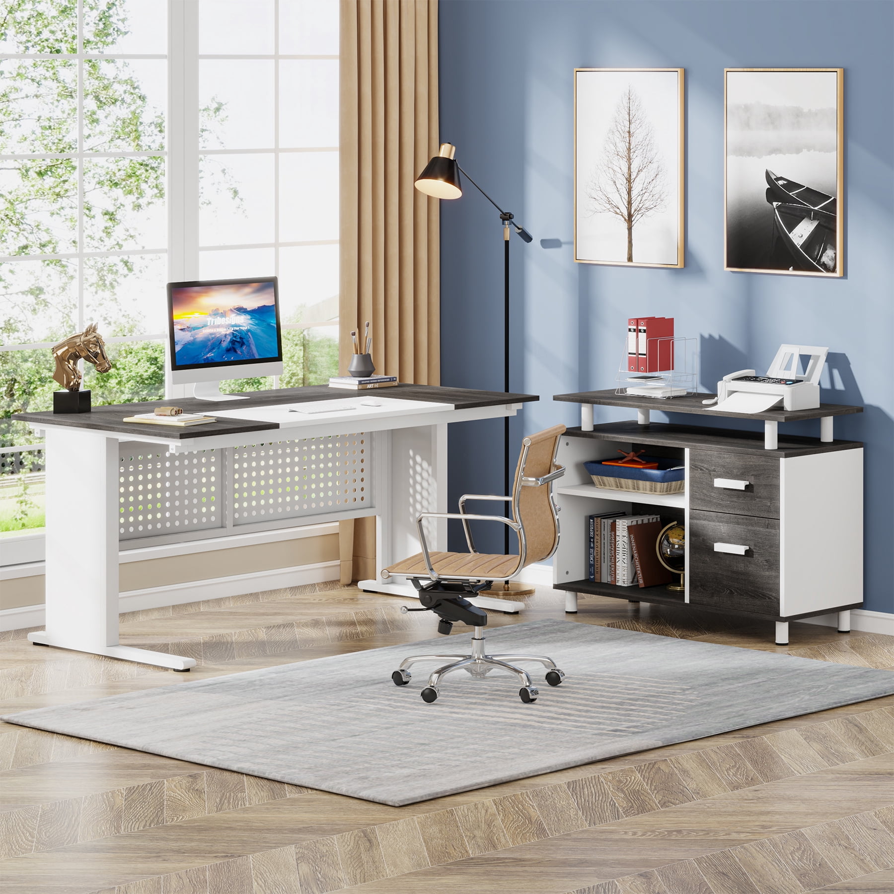 Tribesigns 63 Inch Executive Desk with File Cabinet, L Shaped Computer Desk with Drawers and Storage Shelves, Large Office Desk Business Furniture Desk Workstation for Home Office, Gray and White