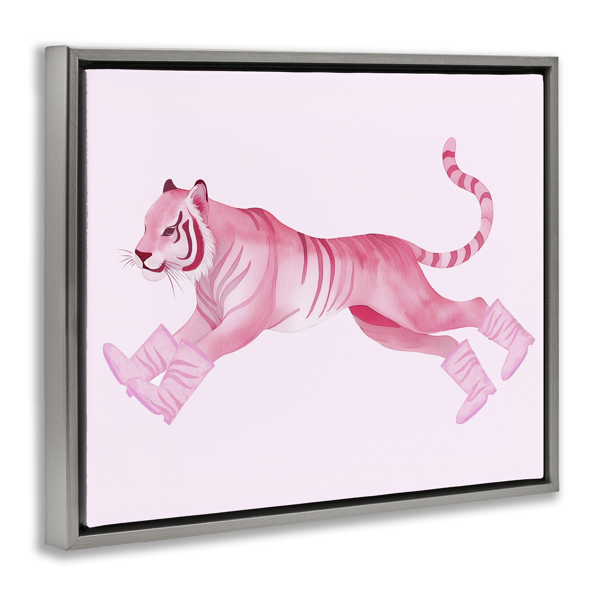 Stupell Industries Running Tiger in Boots Animals Painting Gray Floater Framed Canvas Art Print Wall Art, 21 x 17
