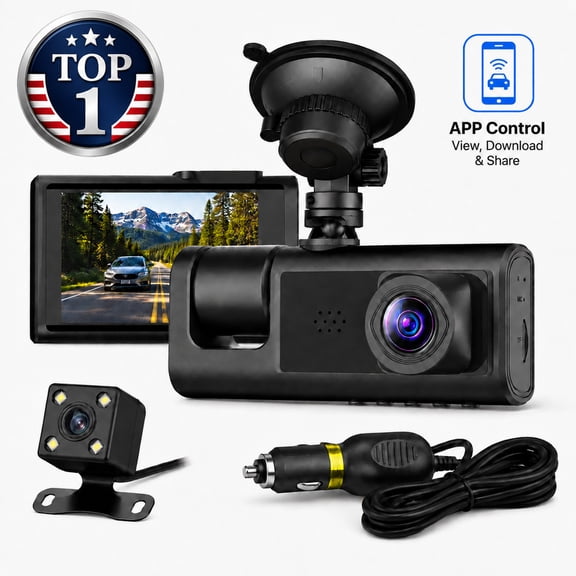 EHXS 3 Channel Dash Cam Front and Rear, 1080P Front 720P Rear 480P Cabin Dash Camera for Cars, 170° Wide Angle, 4 in Screen, App, Infrared Night Vision