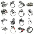 thumbnail image 1 of Juego de 16 anillos góticos punk de plata para hombres y mujeres, con diseño de rana, serpiente, mariposa, araña, ojo de animal, ajustable, estilo gótico, apilables., 1 of 5